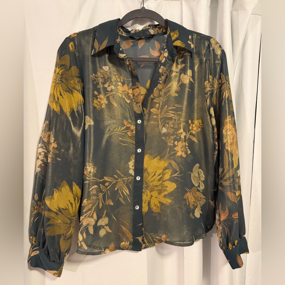 Zara Foil Floral Sheer Button Down Top